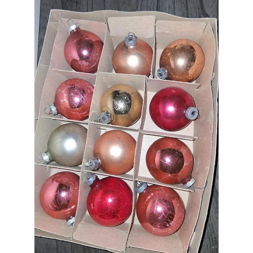 Vintage Shiny Brite Glass Christmas Ornaments Mixed Lot 12 Original Box Bottom